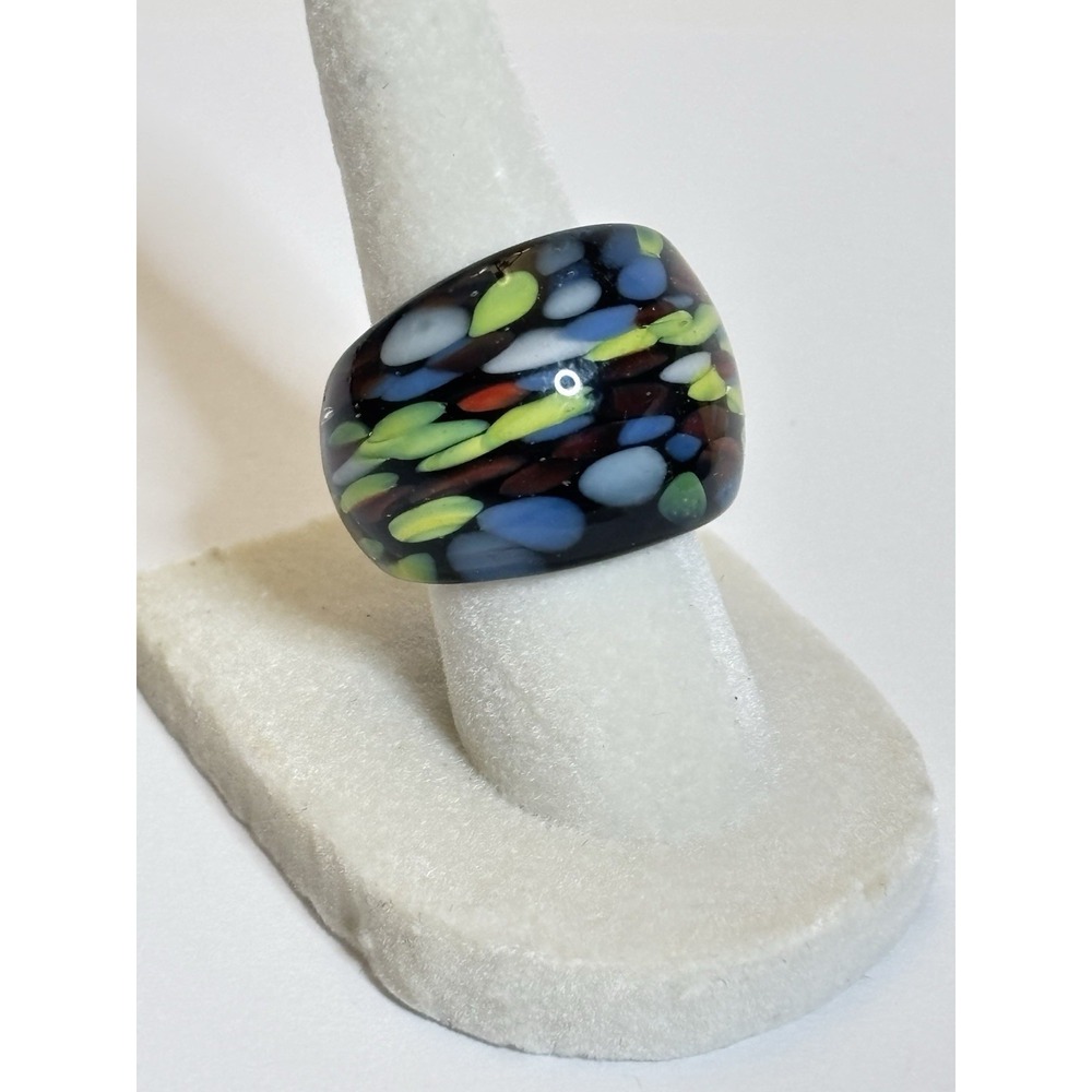 Vtg Murano Hand-Blown Foiled Art Glass Domed Multi-Color Ring Sz 6
